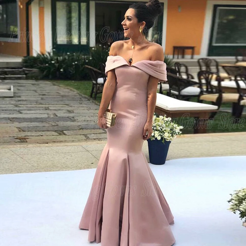 Customized Elegant Satin Mermaid Formal Mother Of The Bride Dresses For Woman Off Shoulder Sweep Train Custom Beatiful Wedding P