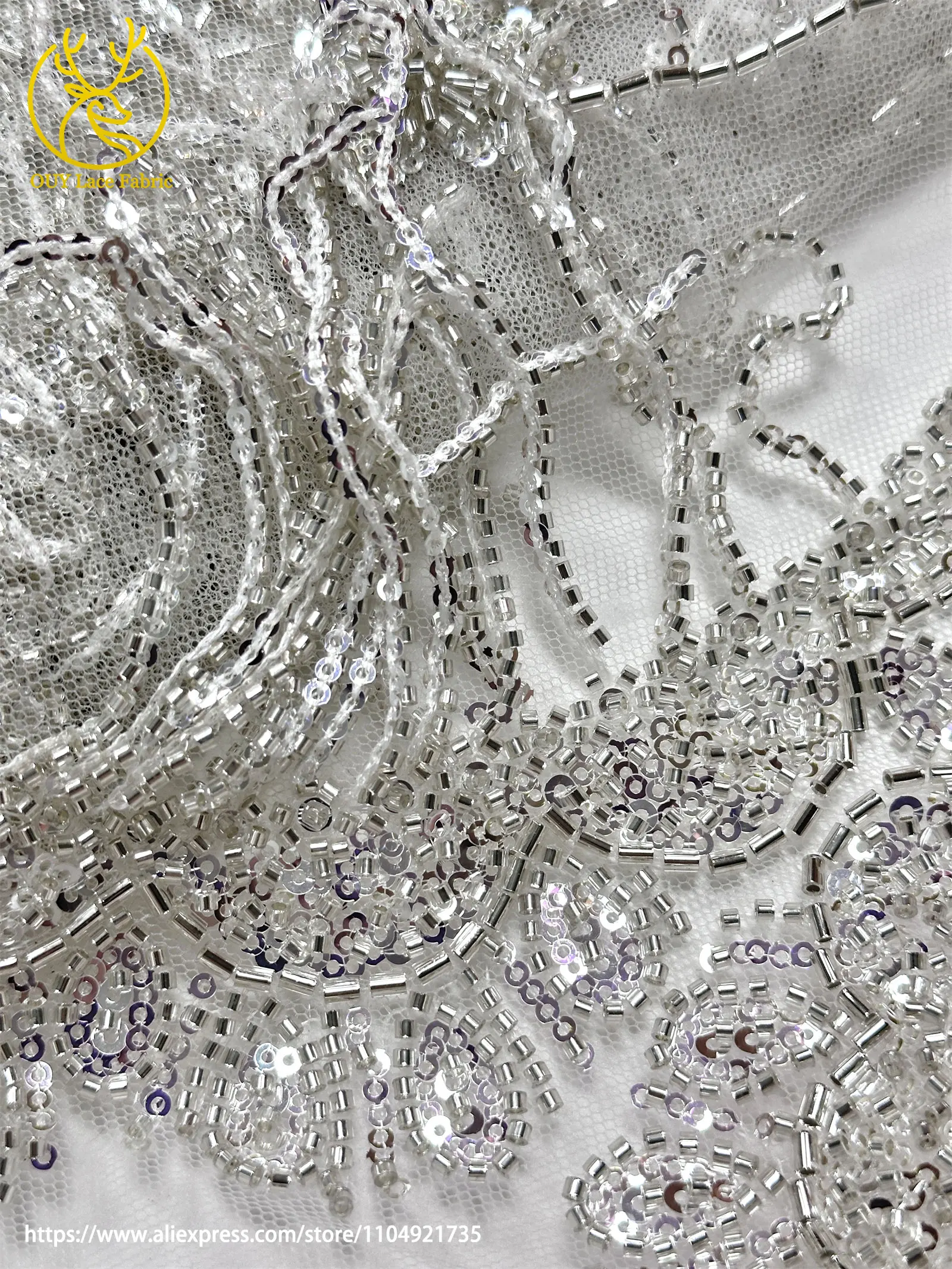 3D Luxuriöser Afrikanischer Handgefertigter Perlen-Spitzenstoff 2026 Französischer Nigerianischer Pailletten-Spitzenstoff für Brautkleider und Hochzeitskleider – Detail 16