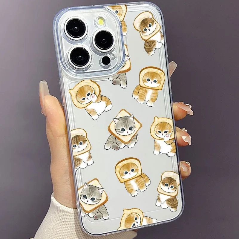Una linda funda para teléfono espacial transparente con estampado de gato y pan, adecuada para teléfonos de la serie iPhone 17, 16, 15, Plus, Pro, Max: se puede utilizar como regalo