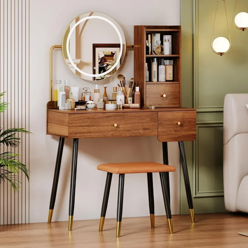 Vanity Desk with Round Mirror and Lights, Brown Vanity Makeup Table with chair, with open compartment and 3 drawers