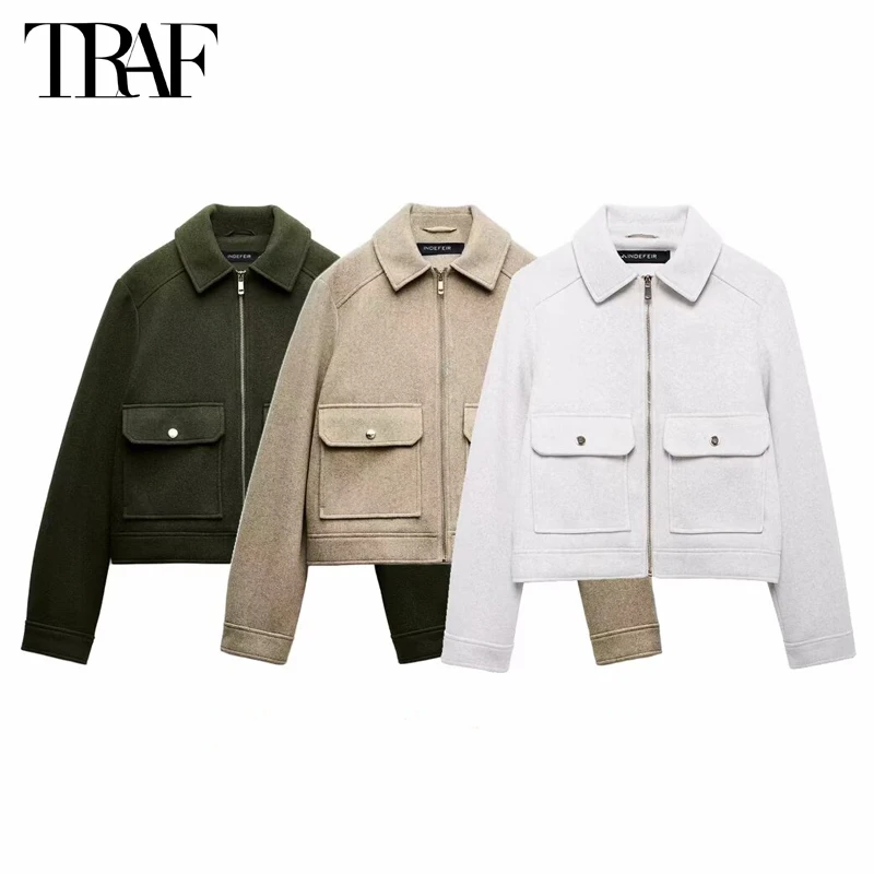 TRAF White Bomber Jackets for Women Zipper Cropped Jackets Woman 2024 Long Sleeve Jacket Women Autumn New in Coats and Jackets