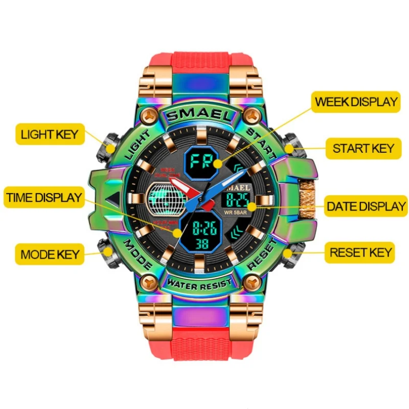 SMAEL-reloj electrónico para hombre, cronógrafo Digital con fecha luminosa, multifuncional, resistente al agua, colorido, para deportes al aire libre, a la moda, 8027