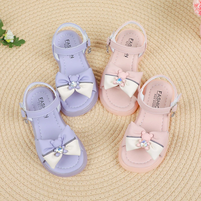 Meisjes Prinses Sandalen 2024 Zomer Nieuwe Baby Sparkly Steentjes Strik Schoenen Mode Antislip Plat Kinder Sandalen