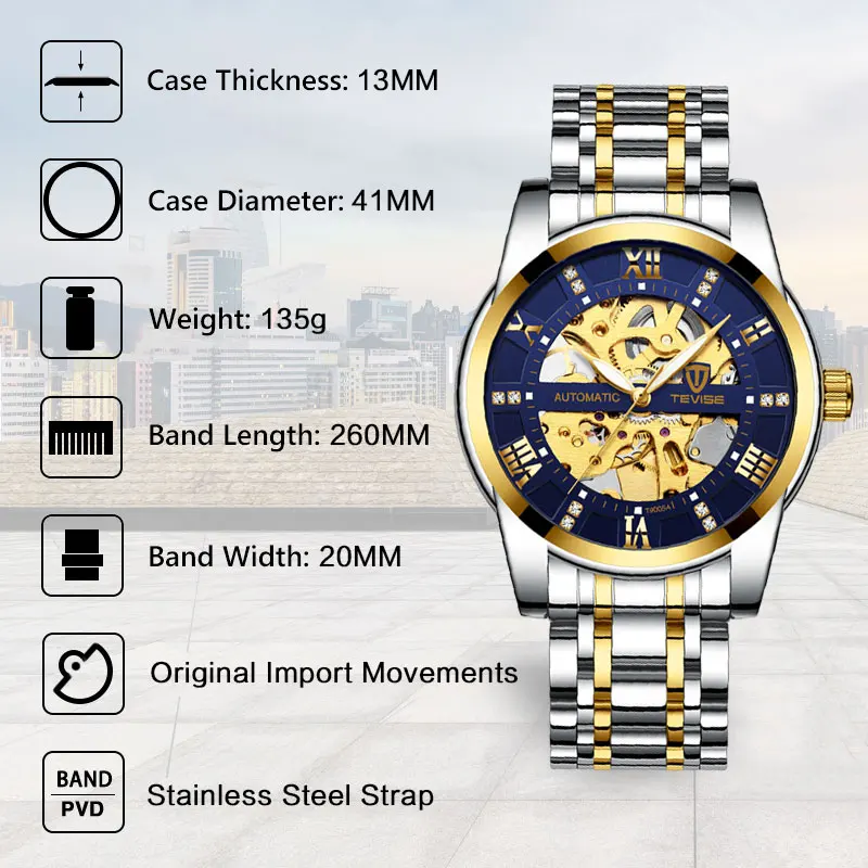 Fashion Tevise Top Brand Automatic Skeleton Full Stainless Steel  Diamond Scale Luminous Hands Men Mechanical Classic Watches