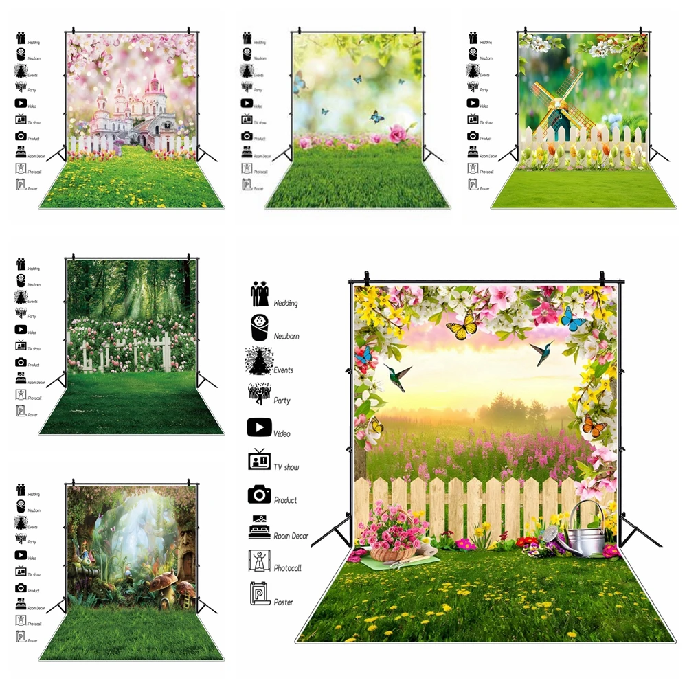 

Spring Natural Scenery Backdrop for Photography Forest Tree Flower Green Lawn Baby Shower Birthday Portrait Photocall Background