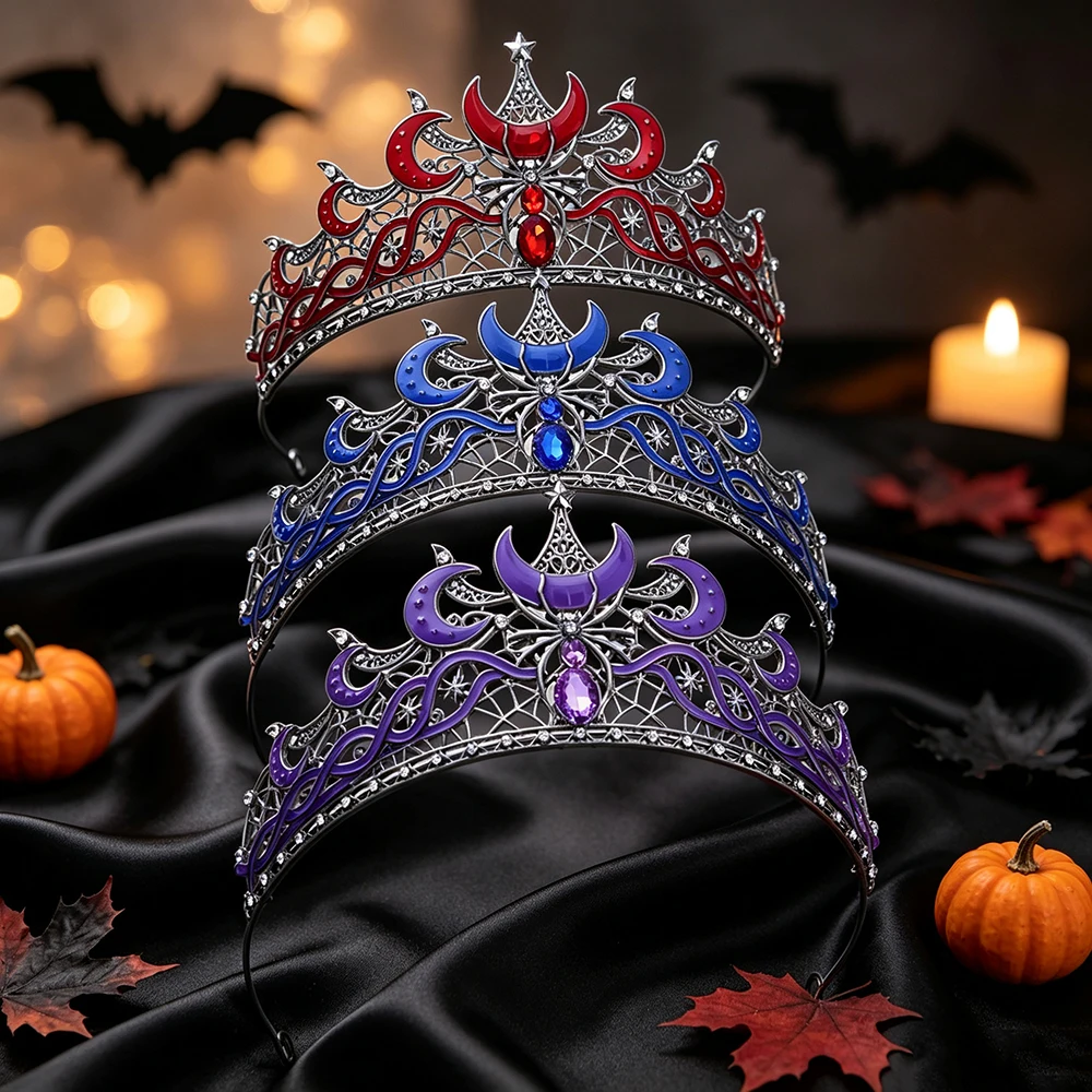 1pc Halloween Moon Star Spider Tiara Crown Gothic Black Metal Headpiece Witch Cosplay Party Costume Headband Hair Accessories