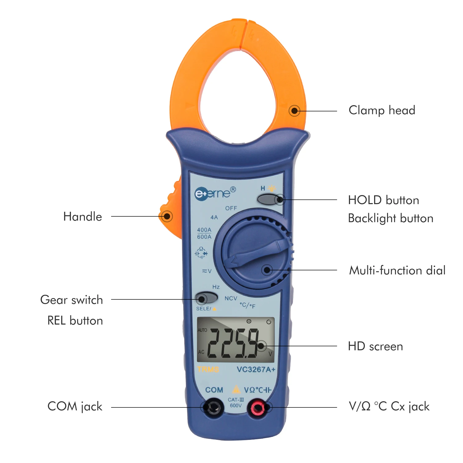 VC3267+ VC3267A+ Large Capacitance NCV Digital AC/DC 40A-400A Current Clamp Meter Auto Range Resistance Frequency Tester