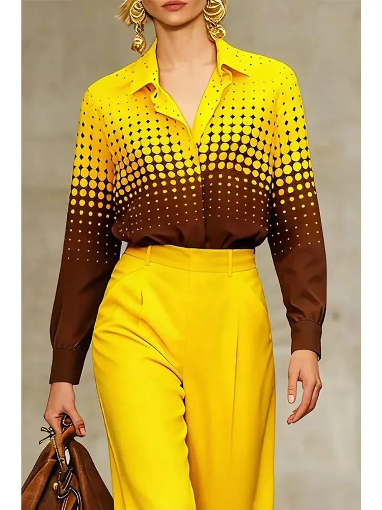 Yeezzi 2026 New Office 2 Piece Set Women Fashion Gradient Color Polka Dot Shirts & High Waisted Wide Leg Full Length Pants Suits