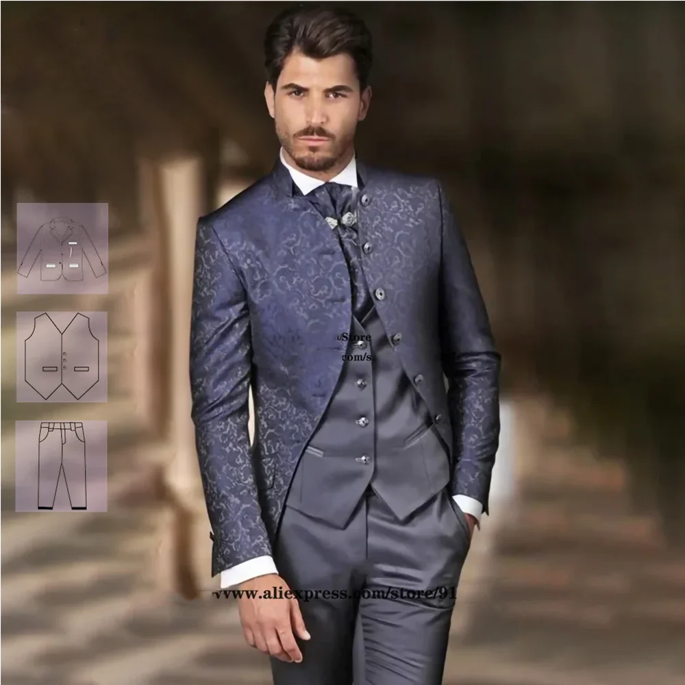 Jacquard Men's Suits 3Pcs Set (Jacket+Vest+Pants) High Collar Special Design Suit Coat Groom Wedding Tuxedo Blazer costume homme