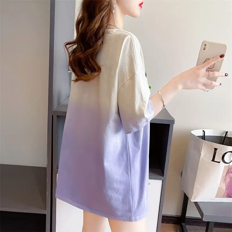 Gothic Summer Short-sleeved T-shirt Women Tshirt Streetwear Pullover Tops Casual Loose Shirts Gradient Color Korean Chic