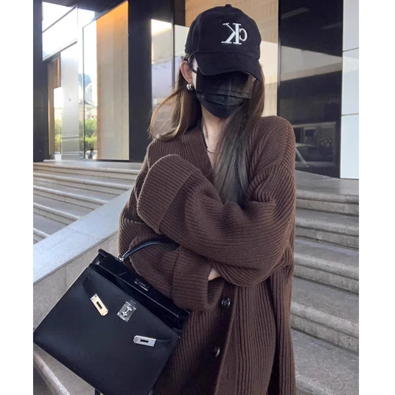 

Mid-Long Cardigans Japanese Womens Fall Knitthing Print Fairycore Oversized Collared Pockets Ruffle Textured Lace-Ups Moricore