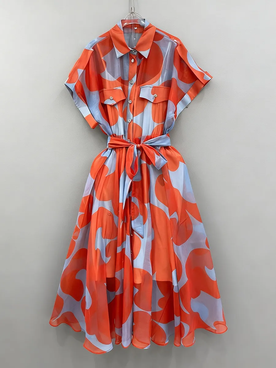 TWOTWINSTYLE Printing Sheer Spliced Buttons Casual Dresses for Women Lapel Sleeveless Patchwork Lace Up Fashion Dress Female New