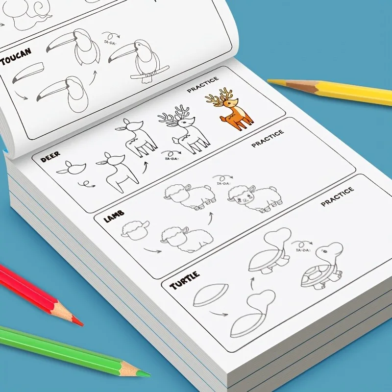 Divertido libro de dibujo, guía sencilla de 4 pasos para completar dibujos, 96 patrones de dibujos animados, temas de animales/vida diaria/frutas, libro de actividades interactivas para colorear