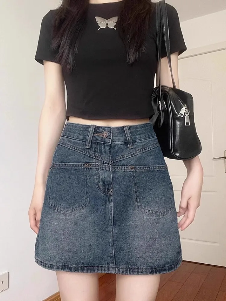 

Ретро джинсовая юбка женская с высокой талией, приталенная, А-силуэт, короткая, летняя, новая, больших размеров, для повседневной носки, однотонная