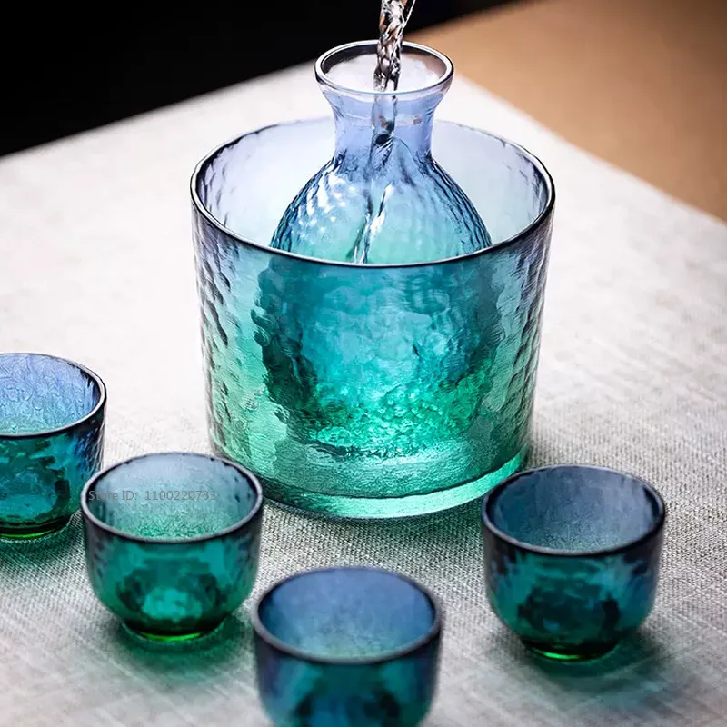 Japanese Sake Jug Set Peacock Blue Wine Glasses Crystal Sake Pot Cup Set Flagon Liquor Glass Dispenser Creative Wine Cup Gifts