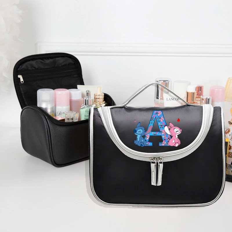 Disney Stitch Fashion Makeup Bag Anime Letter A-Z Cosmetic Pocket Nylon Large Capacity Handbag Women Portable Black Washing Bags