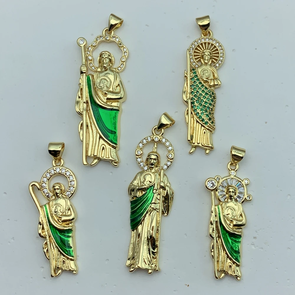 

5Pcs Trendy Green CZ Crystal Zircon Jesus San Judas Tadeo Pendants Charms For Necklace Copper Gold Plated Jewelry Making Supplie