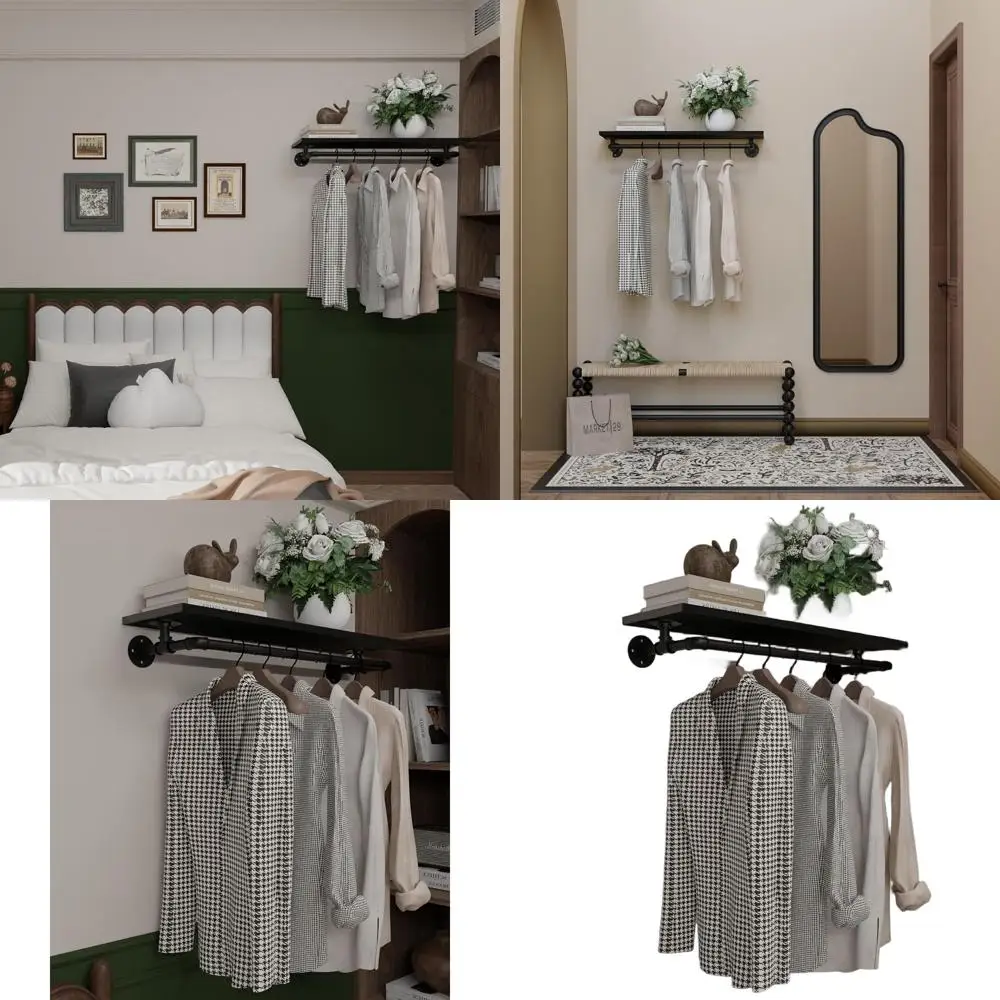 

36 Wall-Mounted Garment Rack with Wooden Shelves, Heavy-Duty Hanging Rod for Space-Saving Closet Storage