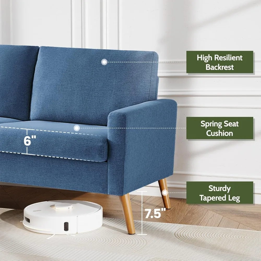 أريكة بمقعدين من الكتان الأزرق الحديث في منتصف القرن لغرفة المعيشة، أريكة صغيرة مناسبة لغرفة النوم أو المكتب #5