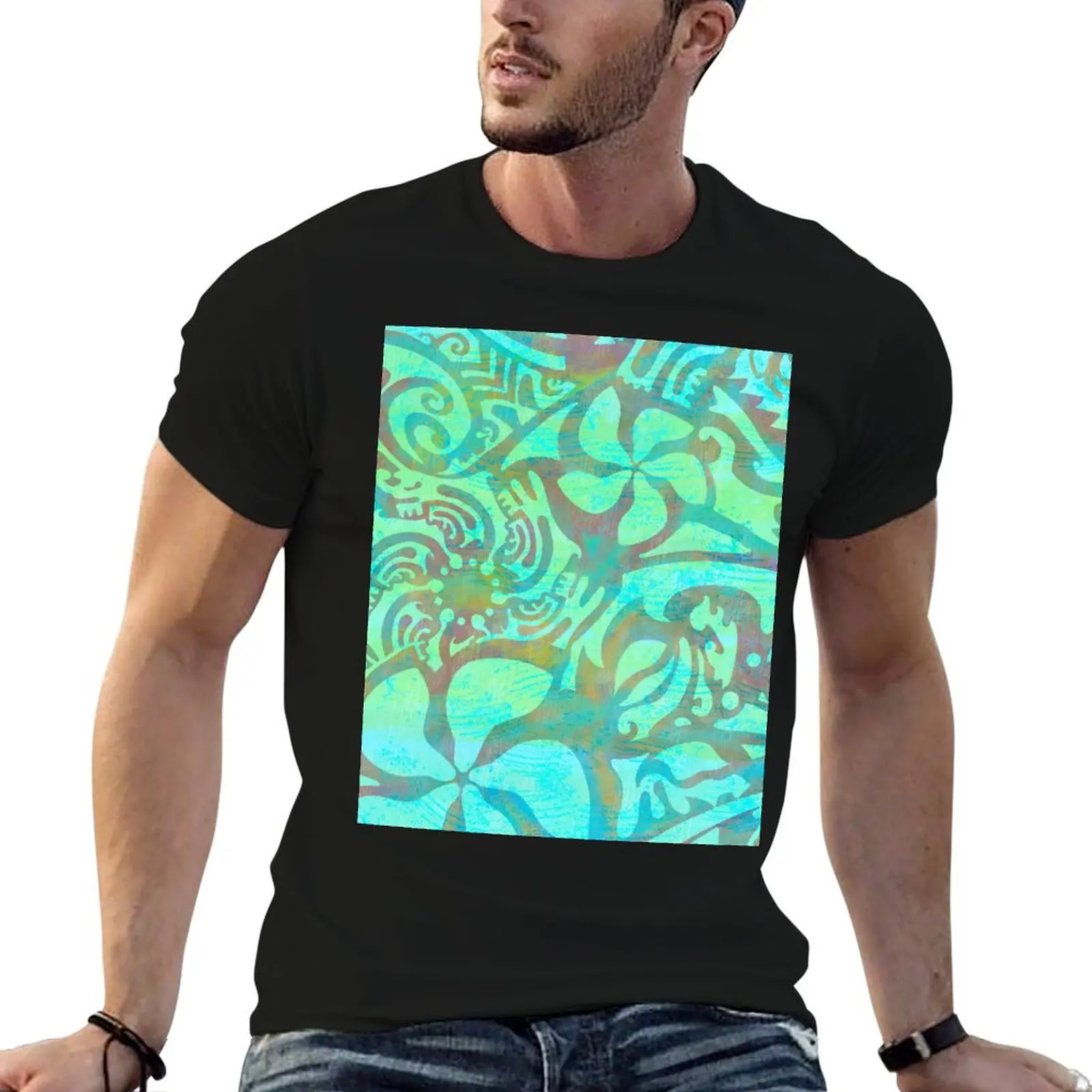 

Polynesian Teal Print T-Shirt korean fashion plain vintage customs mens graphic t-shirts anime