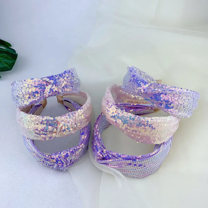 Dreamy Sequin Yarn Headband Scrunchies Purple Mermaid Princess Crystal Ball Knotted Shinning Lace Bow Hair Accessory Head Wrap