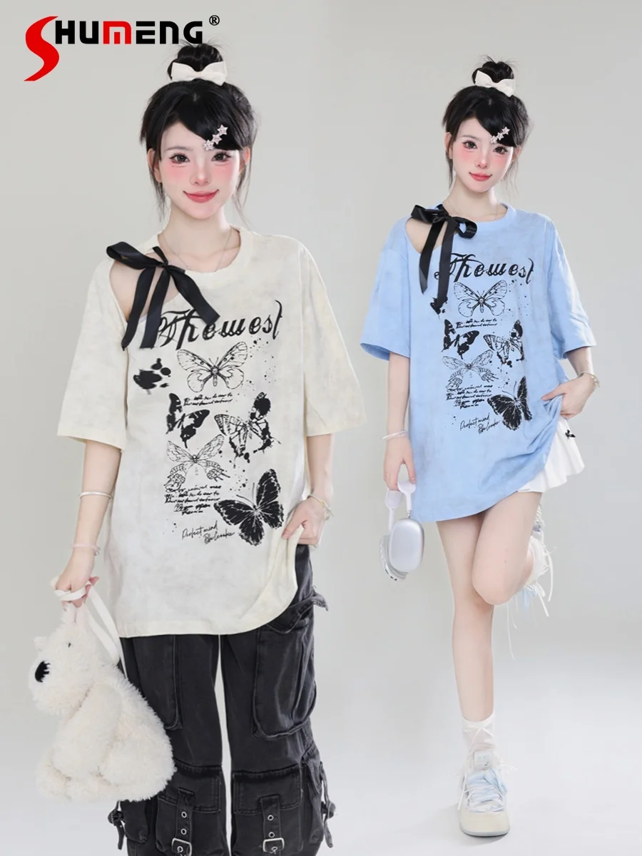 Y2K Hotsweet Style Lace-up Bow Hollow Out Print Butterfly Round Neck Short Sleeve Streetwear Loose Irregular T-shirt Top Women