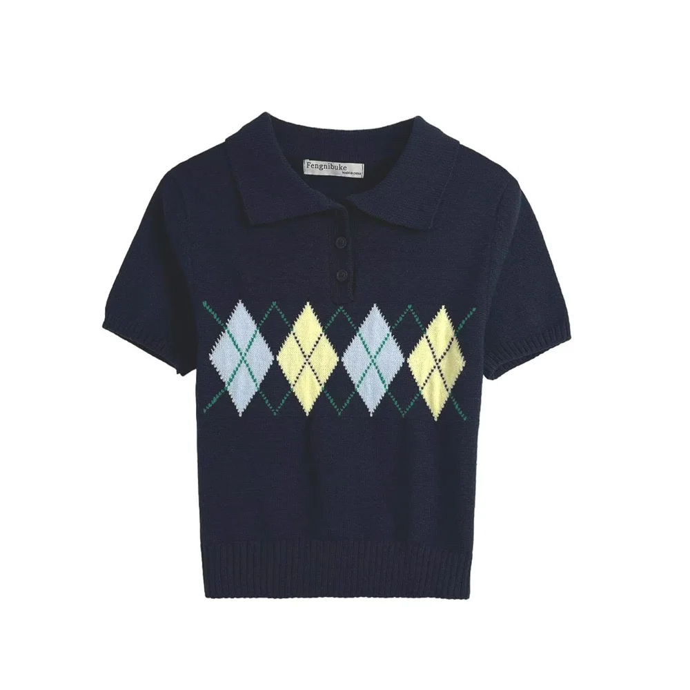 Neue herbst mode frauen POLO kragen lässig college stil diamant gitter kurzarm gestrickte pullover
