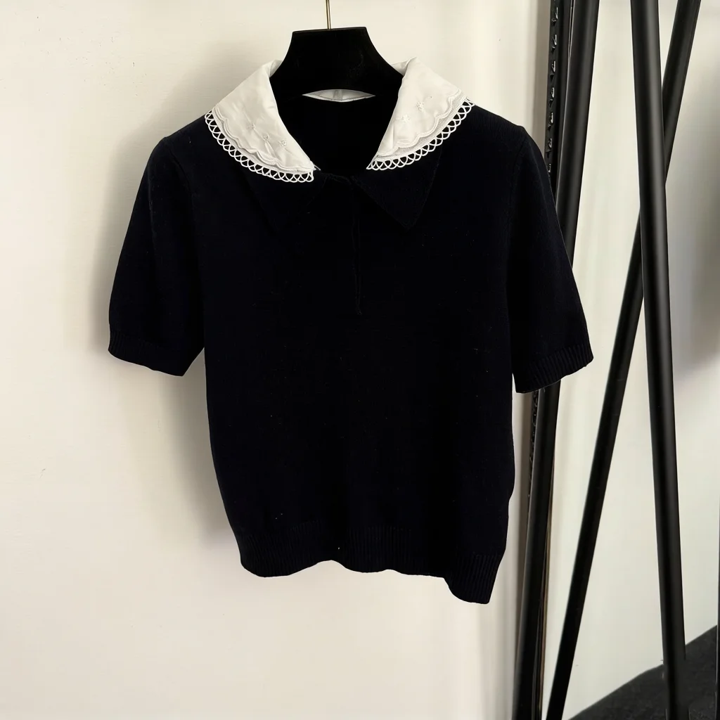 

Fashionable loose women's knitted sweater with collar, high-end spring and autumn short sleeved women's top