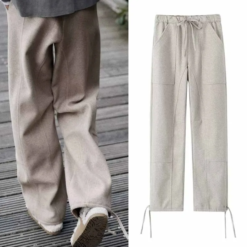 

HXAO Women's Pants Parachute Cargo Pants Autumn Wool Blend High Waist Wide Leg Pants Woman Trousers Winter Warm Baggy Pants