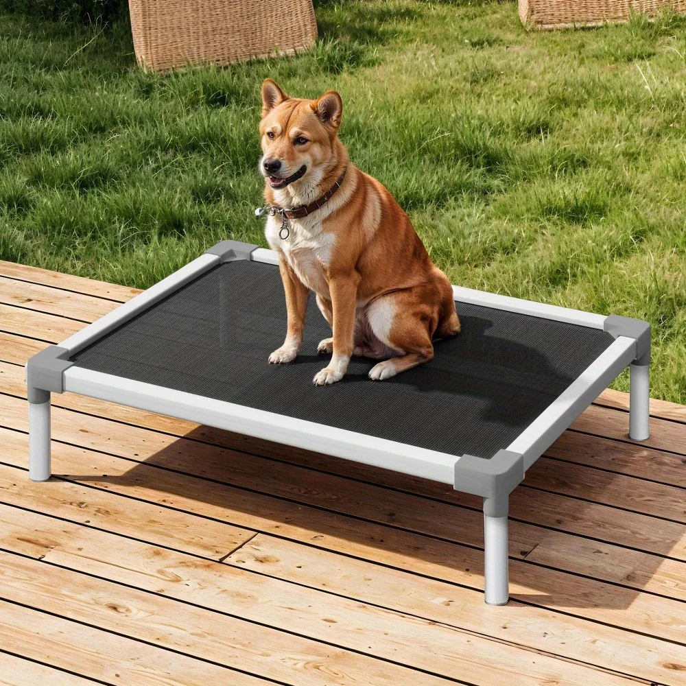 32" Heavy-Duty Chew Resistant Elevated Dog Bed, Durable Aluminum Frame Cooling Cot with Reinforced Textilene Mesh