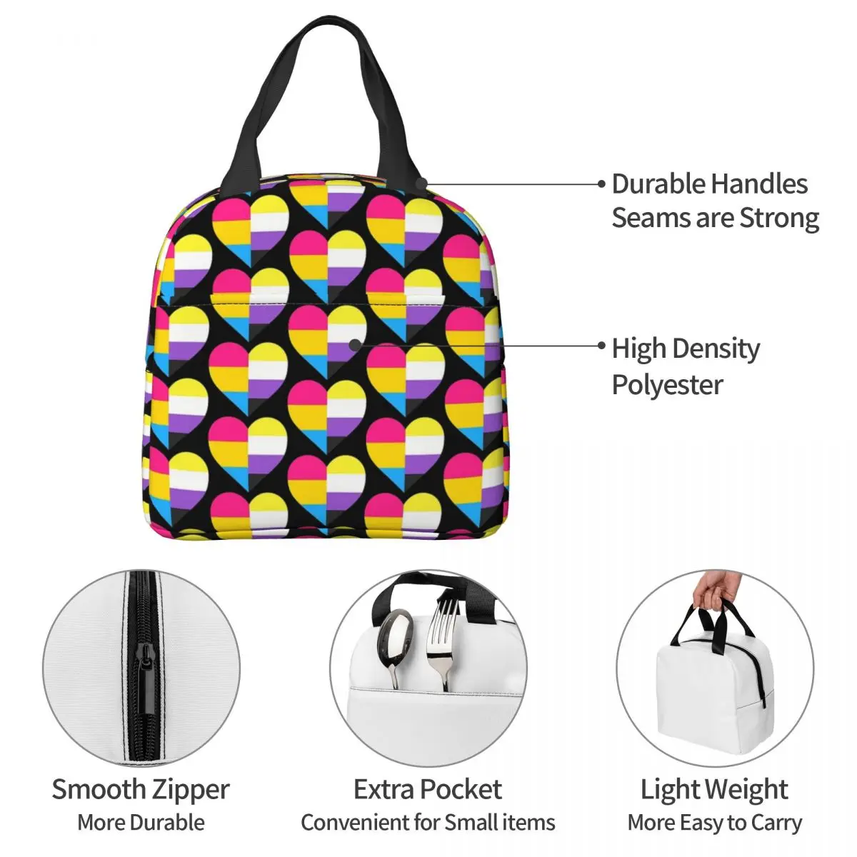 Pan e Nonbinary Pride Heart Lunch Bags, Bento Box, sacola de piquenique reutilizável, refrigerador, bolsa térmica para mulheres, crianças, viagem