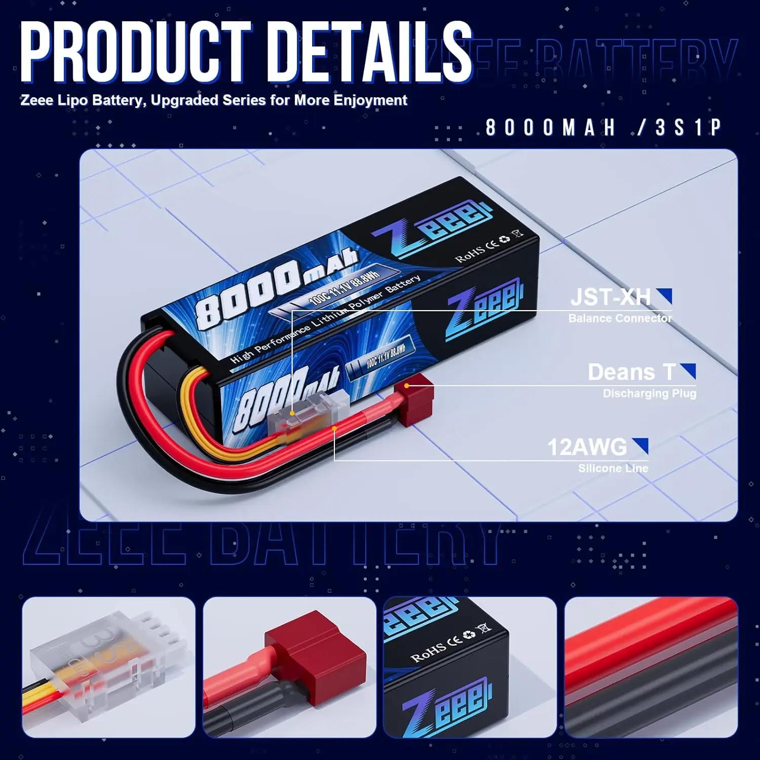 Zeee Lipo 3S 8000mAh baterai 11.1V 100C dengan steker mikrofon untuk mobil RC baterai Lipo truk RC FPV suku cadang Buggy perahu pesawat