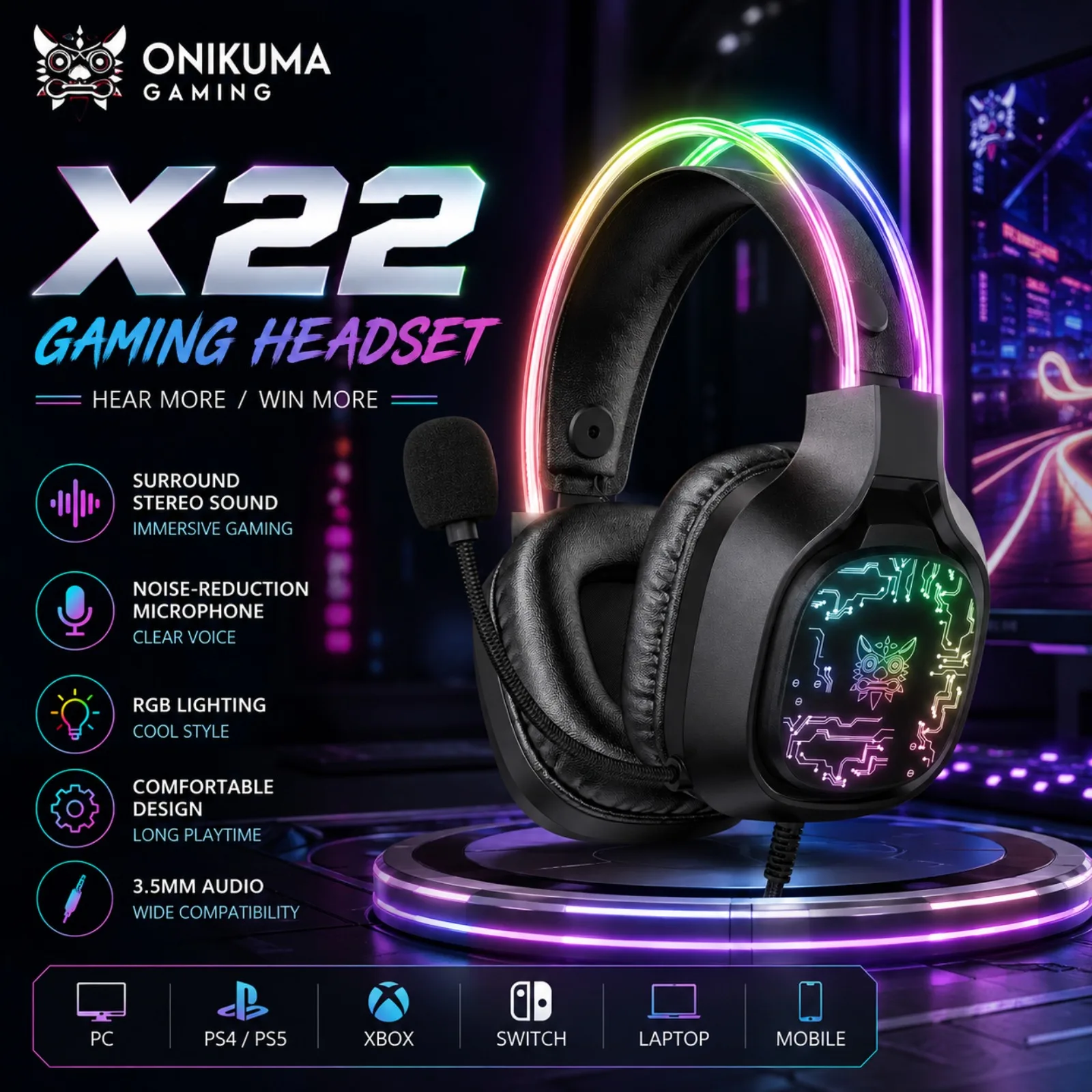 ONIKUMA X22 Wired Gaming Headset RGB 50MM Driver Stereo Sound Noise Cancelling HD Mic Over Ear Headphones For PC PS4 Xbox PS5