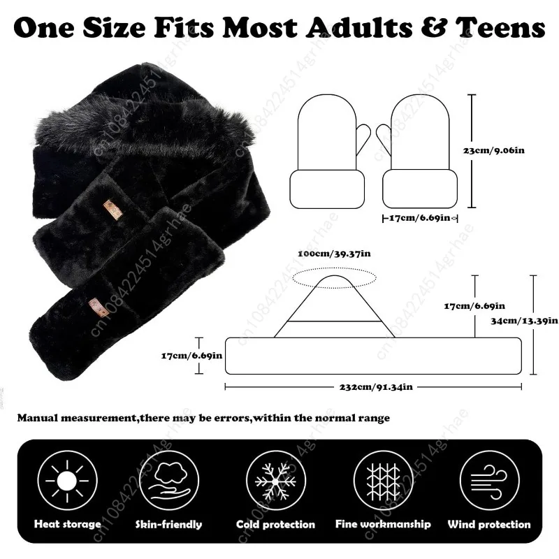 وشاح بغطاء للرأس للنساء للشتاء، وشاح قبعة الأذن 3 في 1 مجموعة قفازات من الفرو الصناعي قبعة دافئة سميكة وناعمة