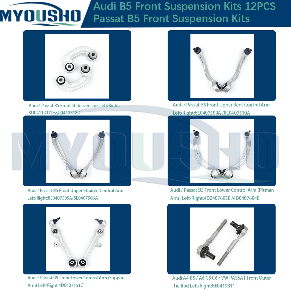 Myousho For Audi A4 B5 A6 C5 VW Passat 12pcs Front Suspension Control Arm Ball Joint Stabilizer Link Tie Rod Kits 4D0407693E