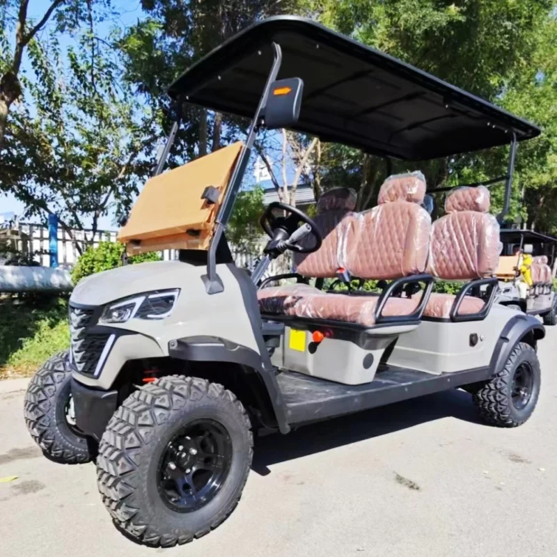 

Multi-Color Light Flash Off-Road Lithium Battery Electric Golf Cart 14 Inch Off-Road Tires Brown Upholstered Seat With Headrest