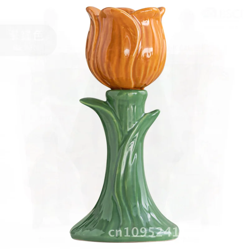 

Modern Minimalist Flower Ceramic Candle Holder - Small Fresh Desktop Decorative Ornament Photography Prop Gift Unglazed Orange