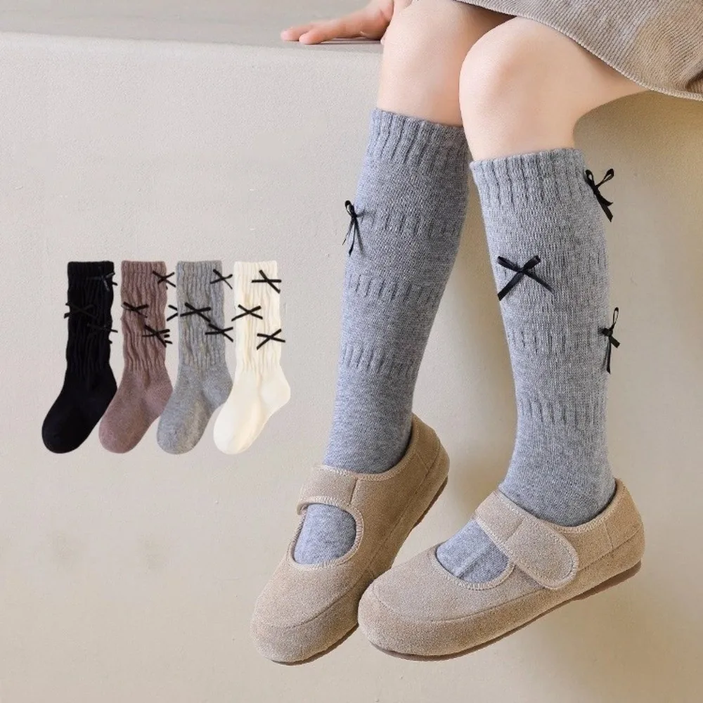 Warm Solid Color Long Girls Socks Sweet Bow Korean Style Pile-up Socks Breathable Grils Stocking 1-5 Year