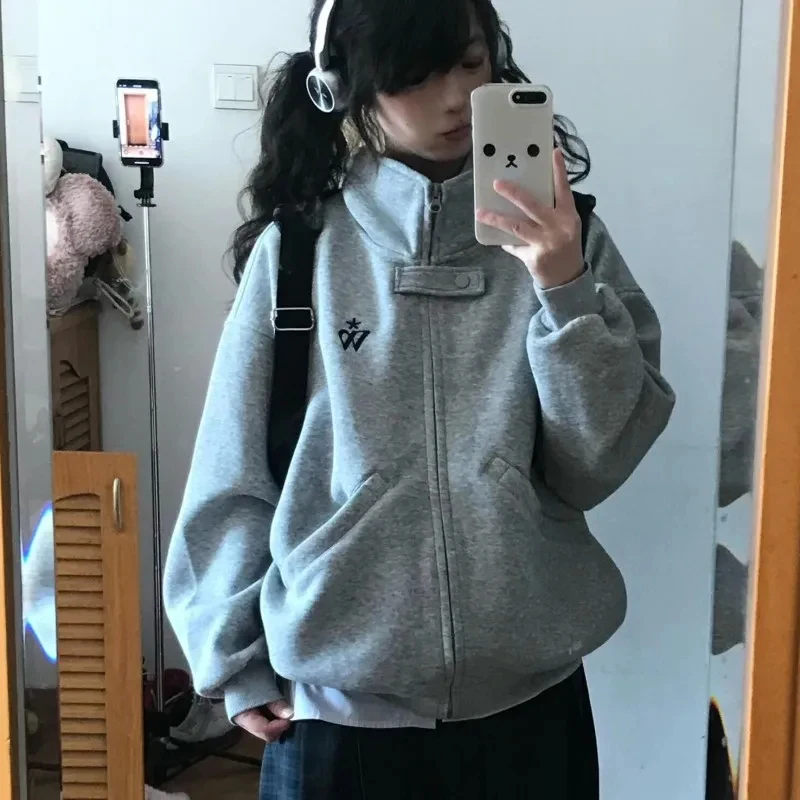 Sweat-shirt brodé pour femmes, Streetwear, Vintage américain, Harajuku, col montant, manteau d'automne, pur coton, fermeture éclair, hauts amples