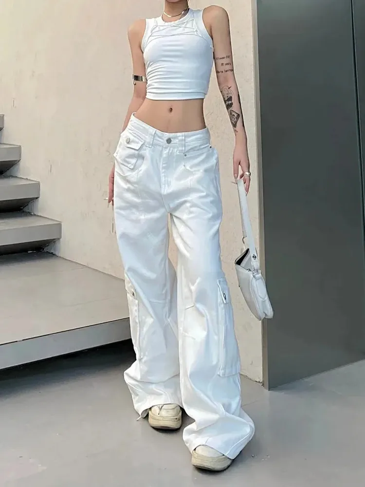 Jean Cargo Baggy Blanc pour Femme, Pantalon Kpop, Jambes Droites et Larges, Mode Coréenne Y2K, Vêtements Décontractés et Élégants, FjLady, Nouveau, 2023