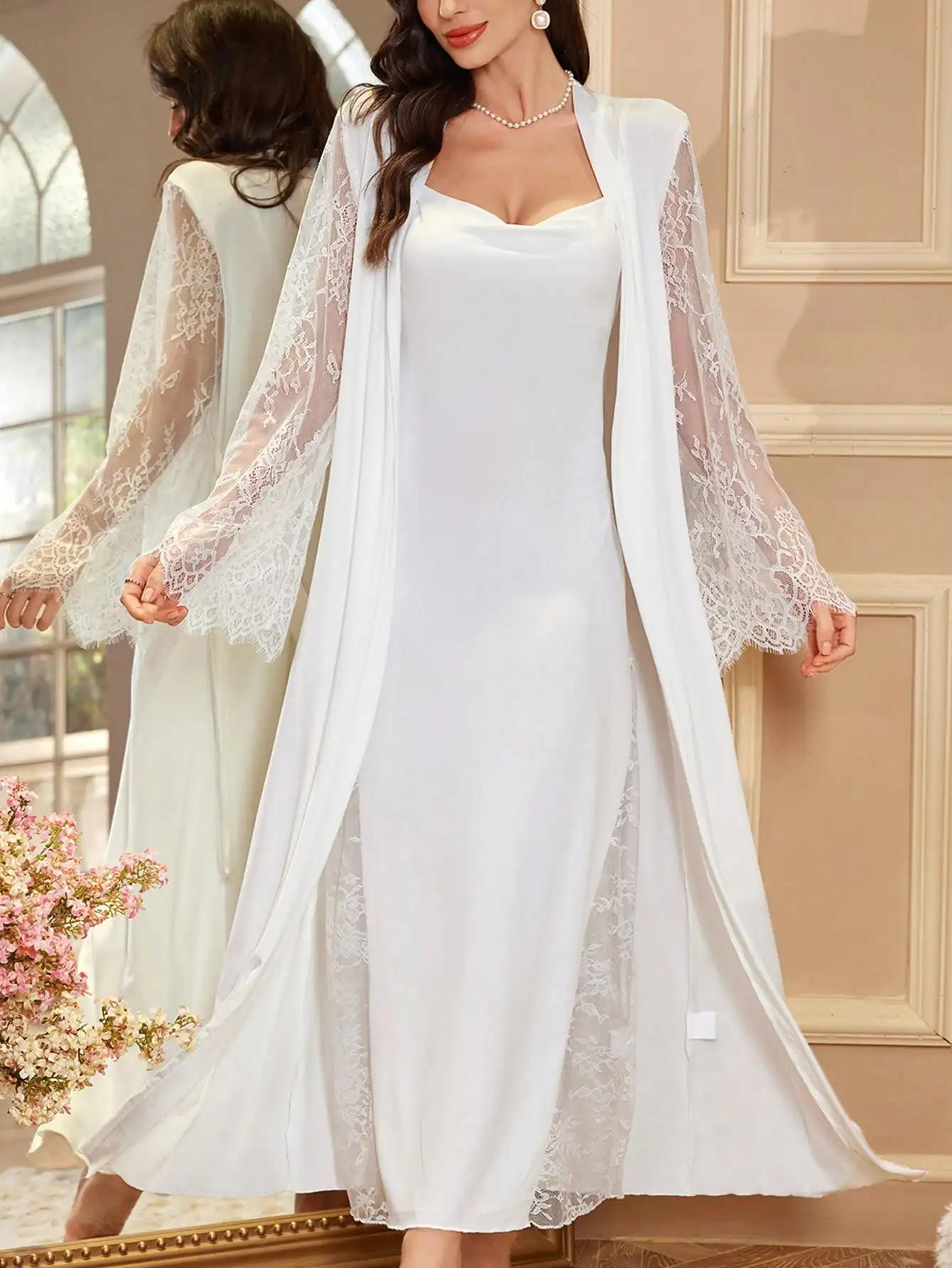 

White 2-Piece Set: Slip Dress with High Slit + Lace-Trimmed Robe for Women