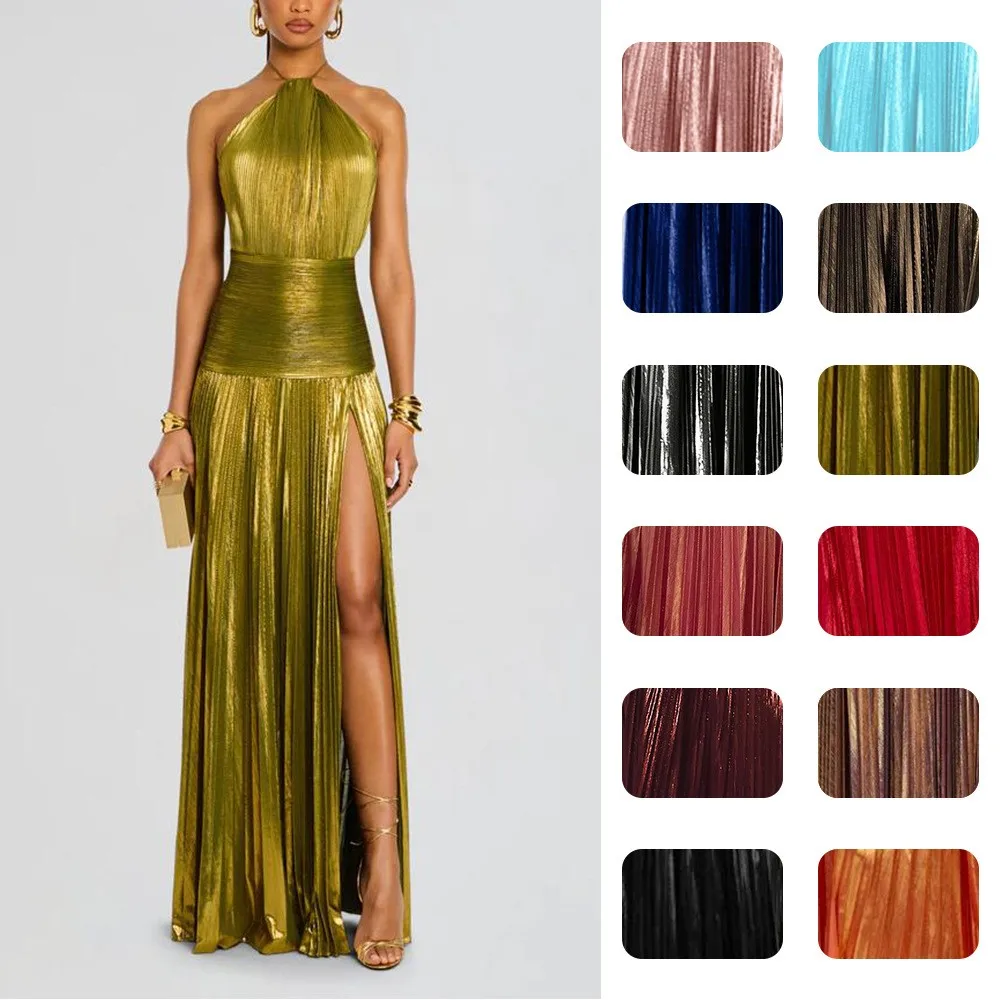 Elegant Wedding Guest Dresses Halter Neck Sleeveless Pleated Swing Maxi Long for Women Evening Party Formal Gown Side Slit