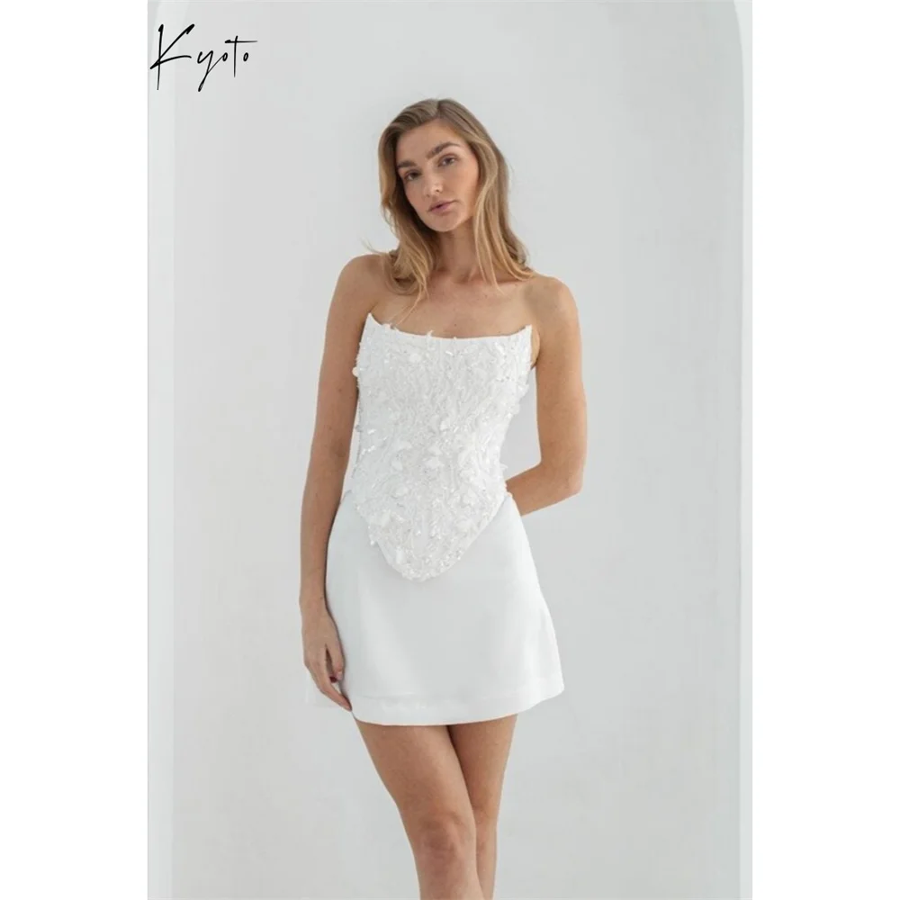 

Kyoto Customized White Strapless Wedding Dresses Lace-Up Back Sleeveless vestidos de noiva Elegant Mini Evening Dresses 2025