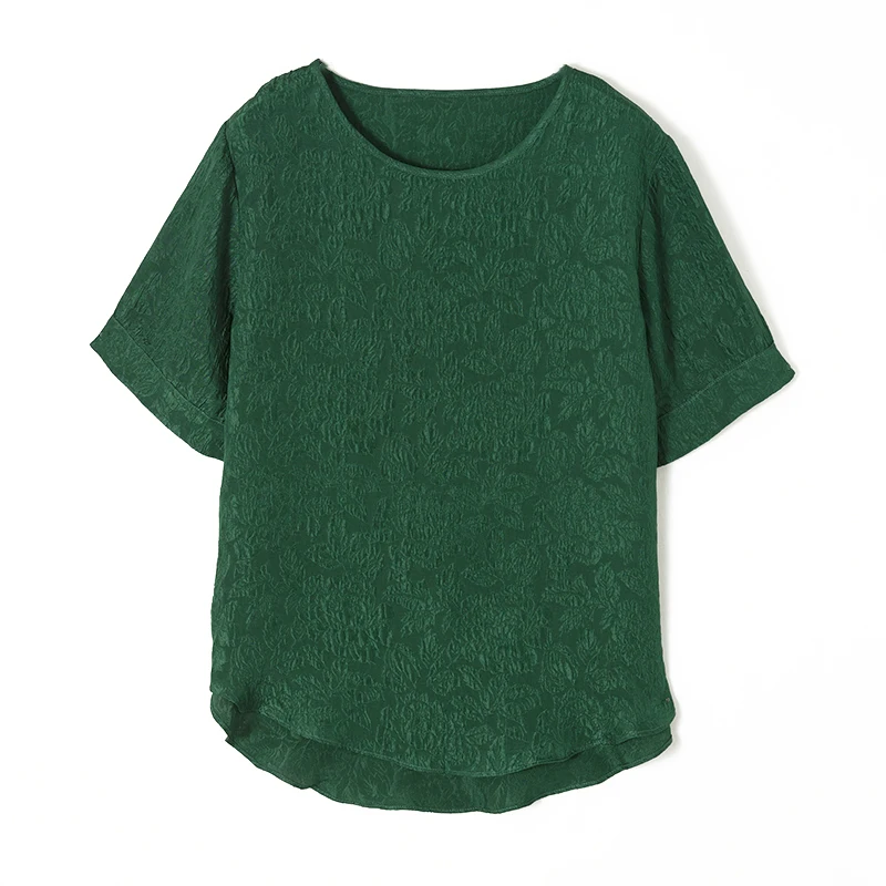 Silk Guanle Crepe Round Neck T-shirt Women 2022 Summer Women Fashion 100%Natural Mulberry Silk Solid Jacquard Top