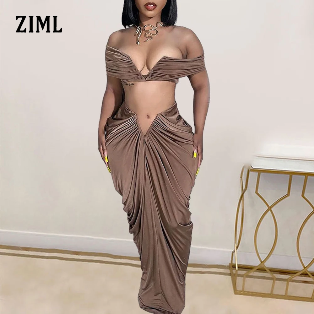 

ZIML однотонные складные комплекты из двух предметов для женщин, топы с открытыми плечами и открытой спиной, длинная юбка с высокой талией, шикарный женский комплект