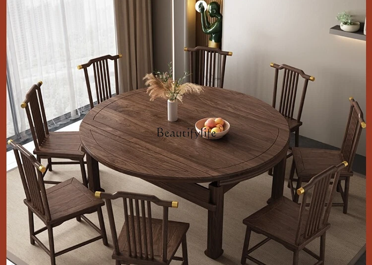 

*Walnut retractable foldable new Chinese solid wood dining table
