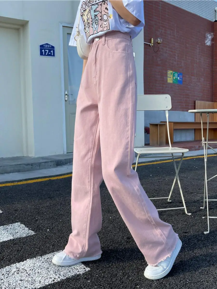 

High Waist Straight Leg Jeans Women's Casual Pink Denim Pants Summer Fashion Trendy Wide Leg Trousers Versatile for Young Women