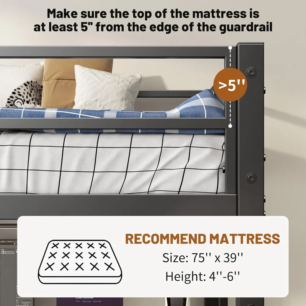 Cama alta de metal de tamanho duplo resistente com mesa em forma de L, trilho de segurança e estação de carregamento para crianças