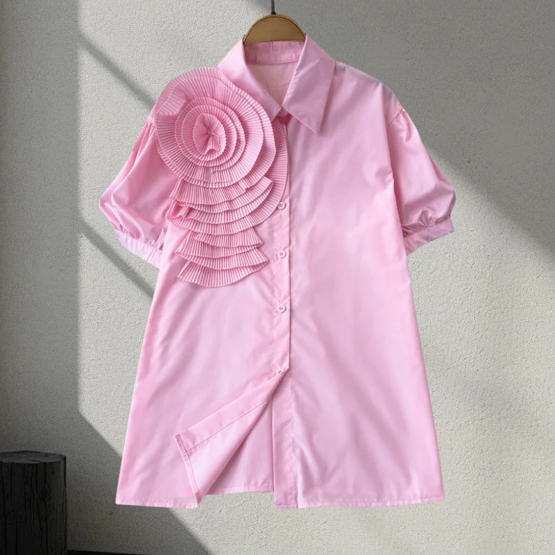 EWQ Summer Short Sleeves Shirt For Women Pleated 3D Floral Spliced Design Solid Color Tops Versatile 2024 New Clothing 27C706