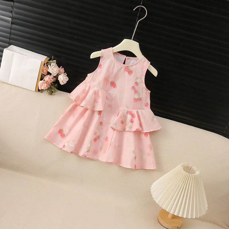 1-6Y Summer Girls Dress Sweet Style Strawberry Print Ruffle Sleeveless A-line Dress Soft Cotton Children Clothes